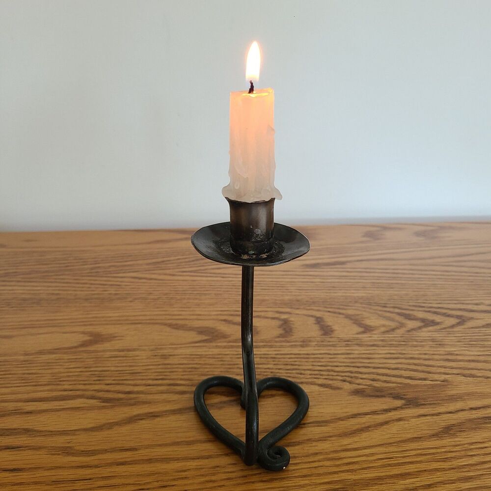 Vintage Wrought Iron Heart Base Taper Candle Holder HandForged Bronze Tone Metal - Picture 6 of 10
